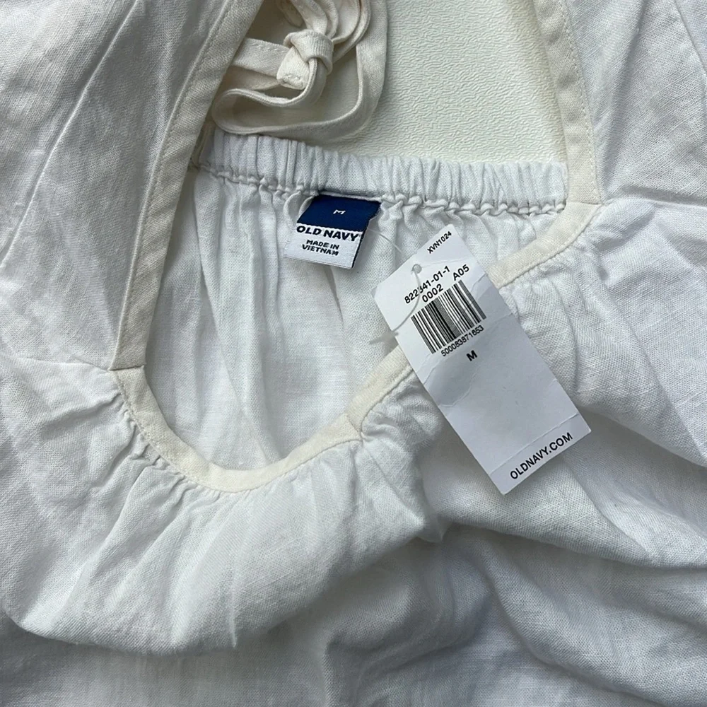 White w/ cream trim Old‎ Navy puff sleeve lightweight beach blouse linen blend M